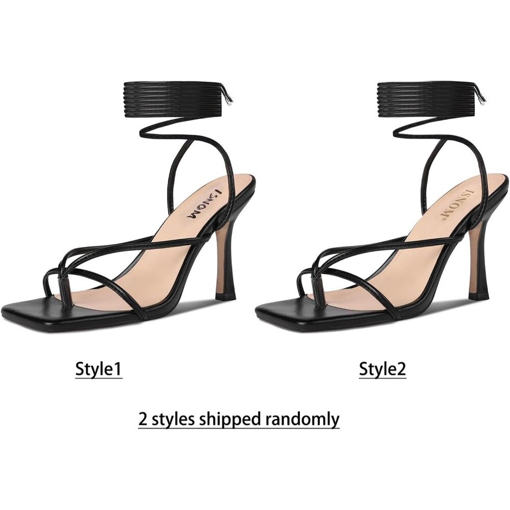 Women's Black Lace Up Square Toe Open Thong Stylish Comfortable Stiletto Heel - Picture 6 of 6